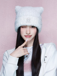 MLB NY Logo Fluffy Cat Ear Beanie – White (Instock)