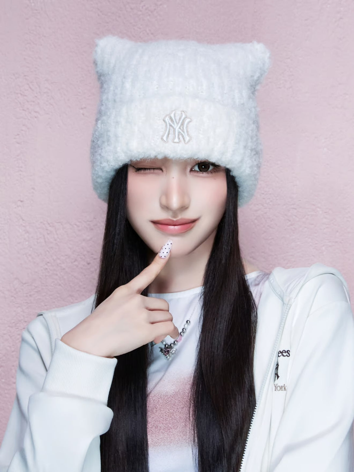 MLB NY Logo Fluffy Cat Ear Beanie – White (Instock)