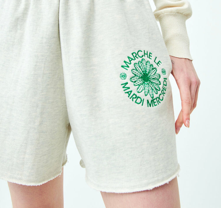 Mardi Mercredi Sweat Shorts Marche Emblem Needlework_Oatmeal Green(Preorder)