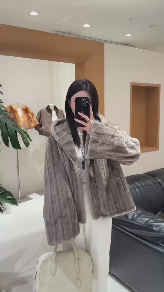 Kelly Designs Faux Mink Hooded Eco-Fur Grey Jacket (Instock)